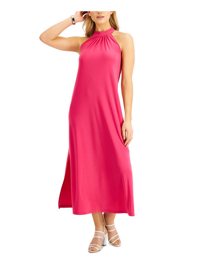 BAR III DRESSES Womens Pink Stretch Ruched Slitted Keyhole, Button Closure Sleeveless Halter Maxi Evening Fit + Flare Dress S