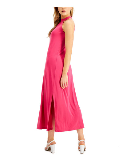 BAR III DRESSES Womens Pink Stretch Ruched Slitted Keyhole, Button Closure Sleeveless Halter Maxi Evening Fit + Flare Dress XS
