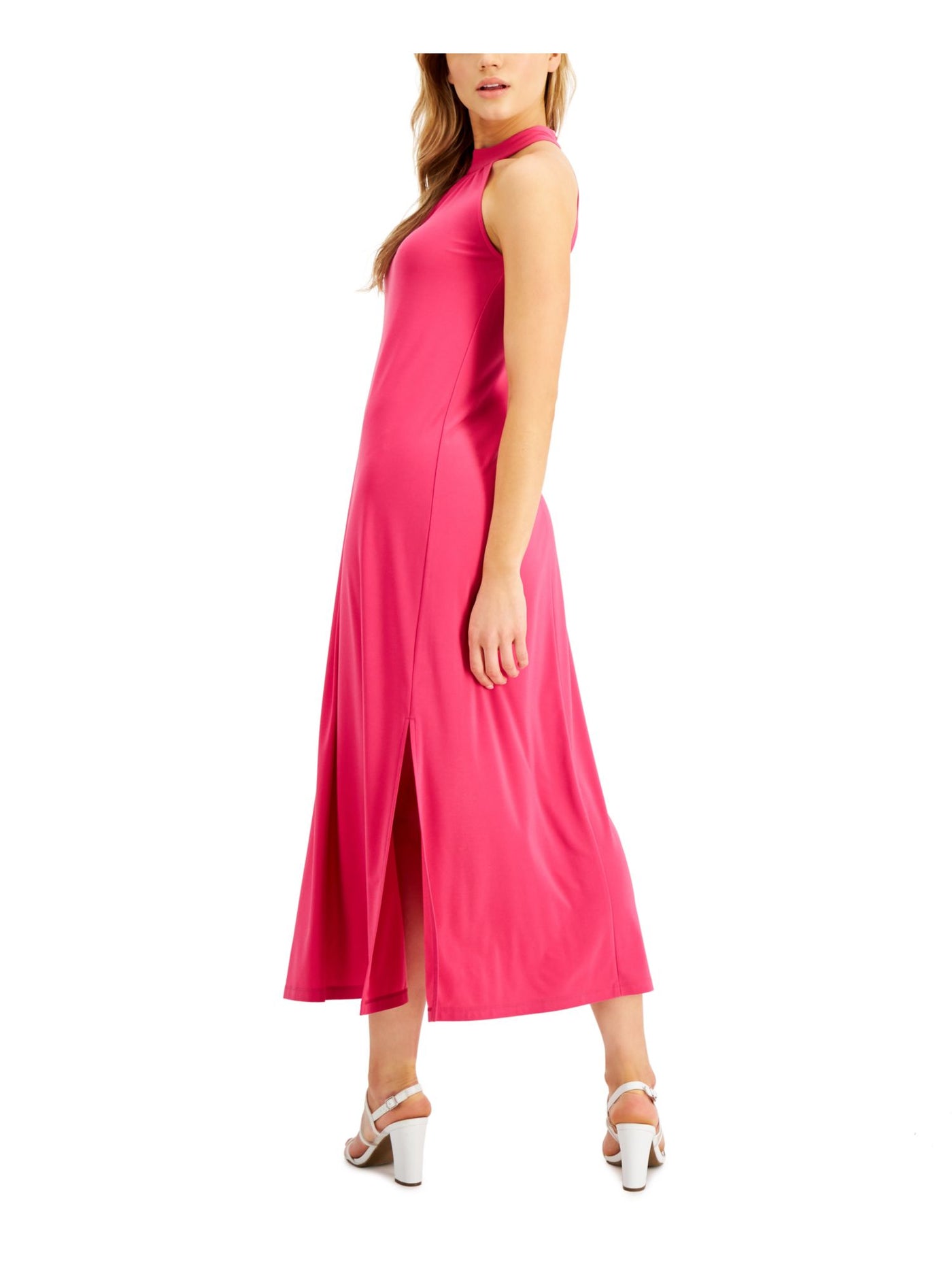BAR III DRESSES Womens Stretch Ruched Slitted Keyhole, Button Closure Sleeveless Halter Maxi Evening Fit + Flare Dress