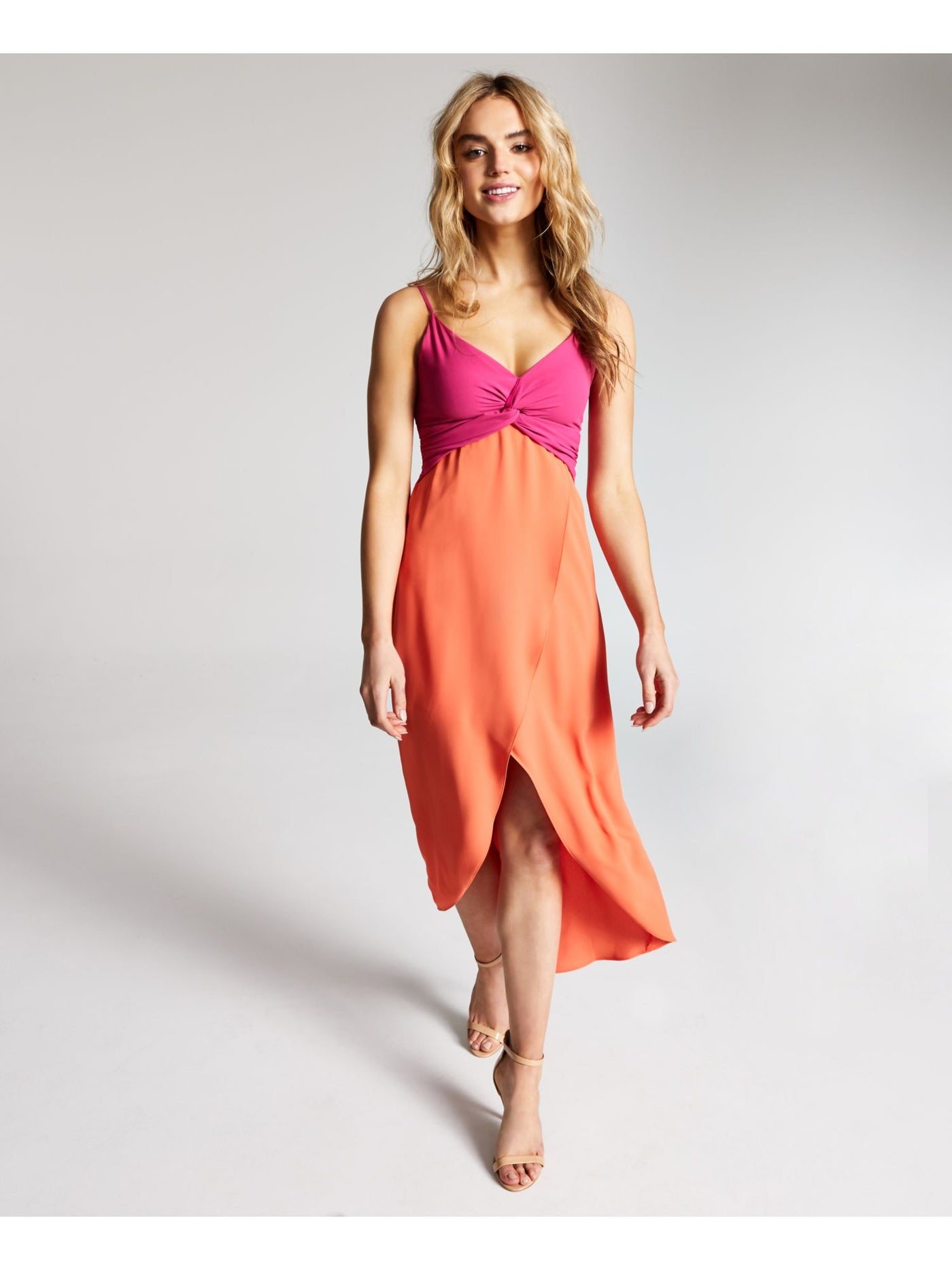 BAR III DRESSES Womens Orange Zippered Twist-front Scuba Crepe Color Block Spaghetti Strap V Neck Maxi Hi-Lo Dress L