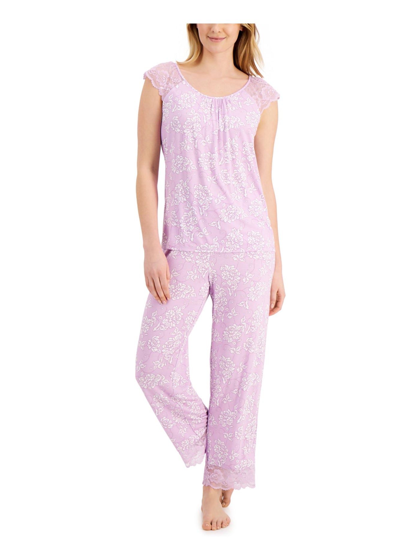 CHARTER CLUB Womens Purple Floral Top Lace Trim Straight leg Pants Knit Pajamas M