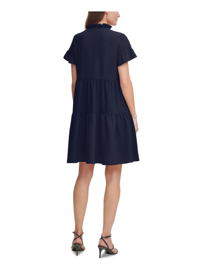 DKNY Womens Blue Stretch Ruffled Tiered Unlined Short Sleeve Tie Neck Short Party Shift Dress 6