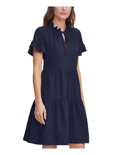 DKNY Womens Blue Stretch Ruffled Tiered Unlined Short Sleeve Tie Neck Short Party Shift Dress 6