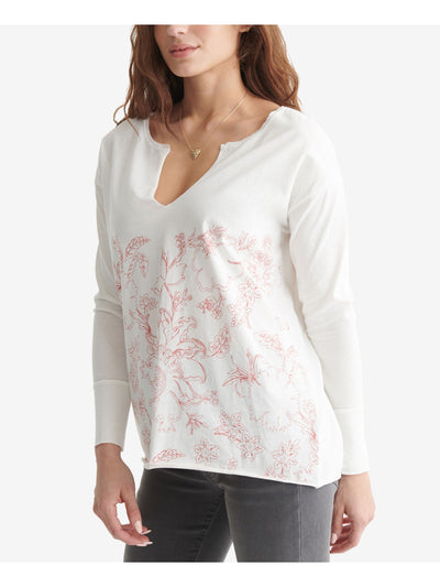 LUCKY BRAND Womens White Frayed Raw Hem Floral Long Sleeve Split T-Shirt XXL