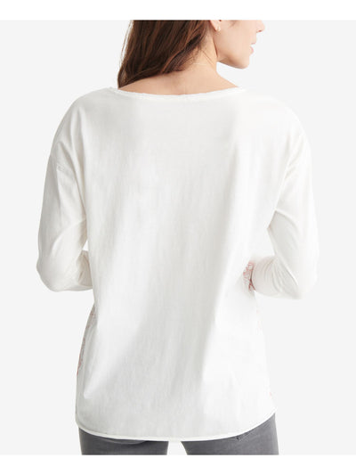 LUCKY BRAND Womens White Frayed Raw Hem Floral Long Sleeve Split T-Shirt XS