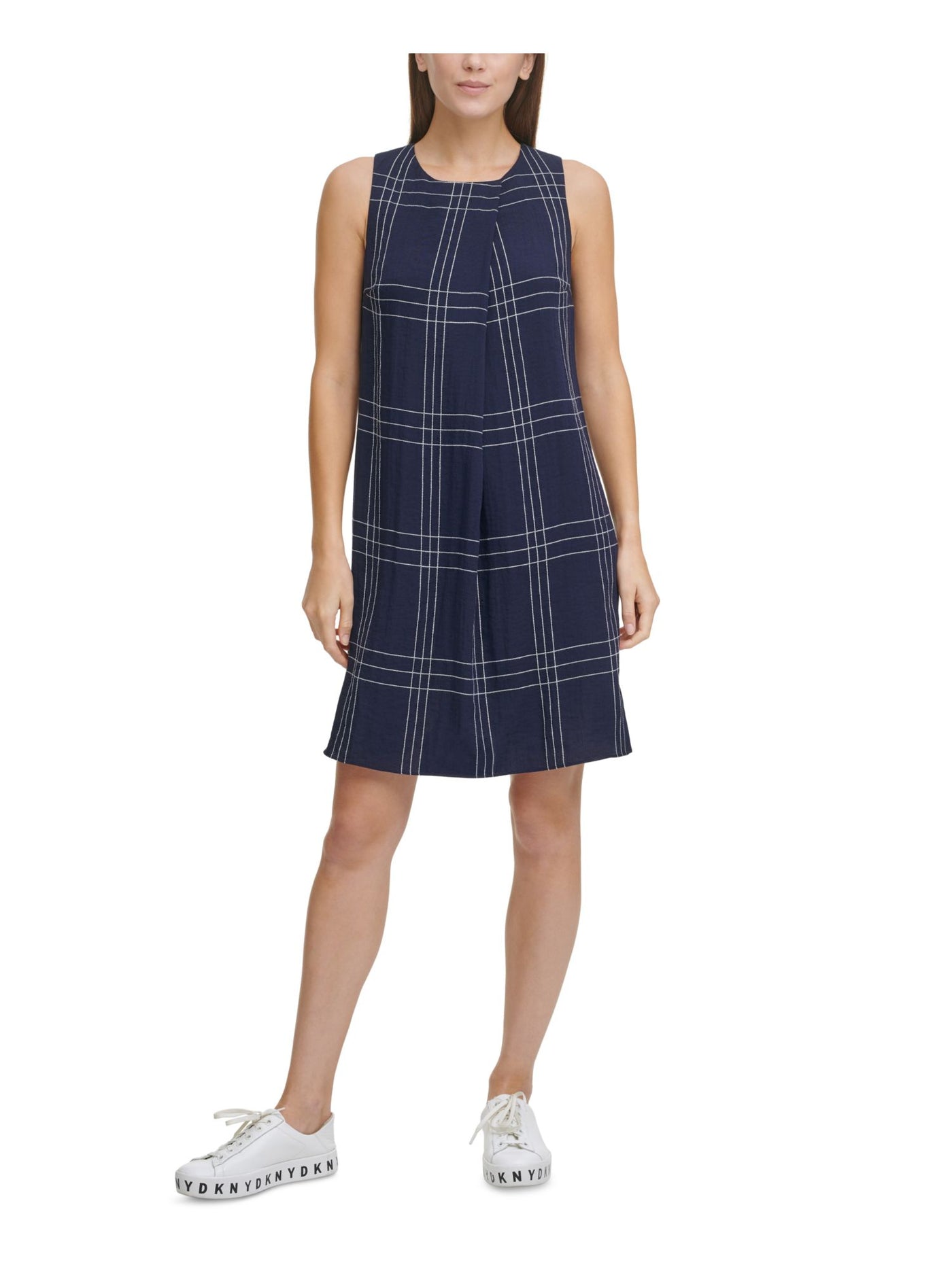 DKNY Womens Navy Zippered Pleated Plaid Sleeveless Crew Neck Above The Knee Trapeze Dress 10