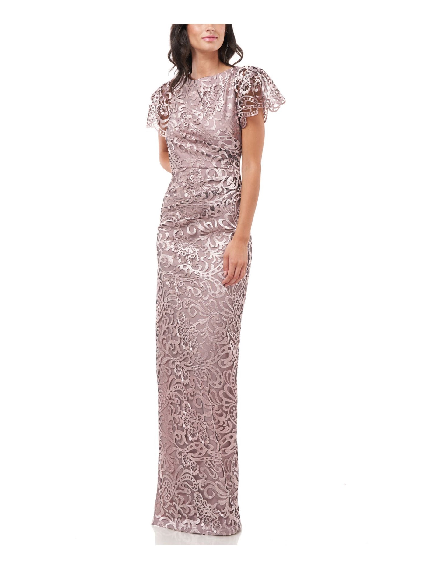 JS COLLECTION Womens Pink Pleated Zippered Flutter Sleeve Jewel Neck Full-Length Evening Gown Dress 6