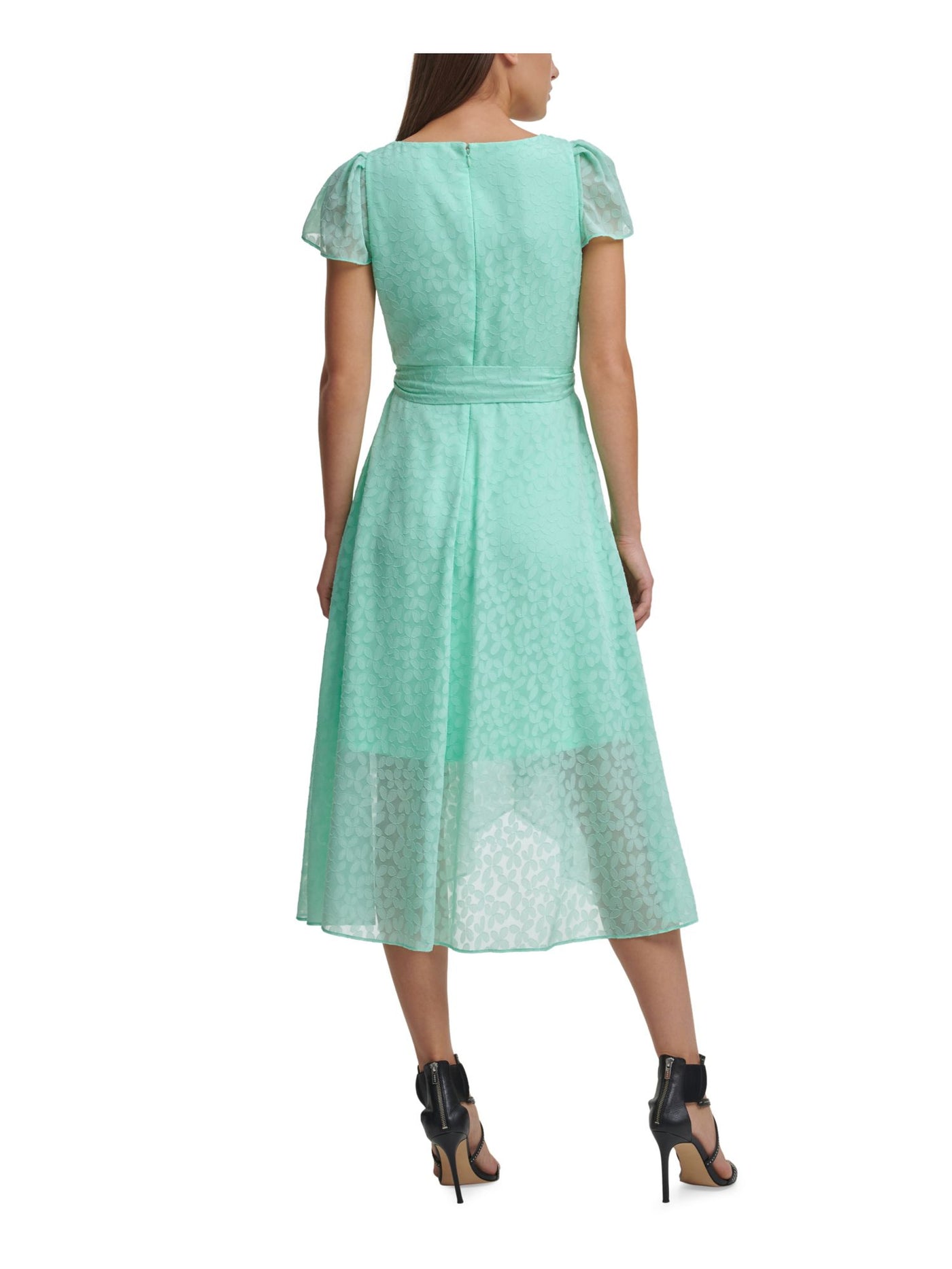 DKNY Womens Green Textured Belted Zippered Flutter Sleeve Surplice Neckline Midi Party Faux Wrap Dress 14