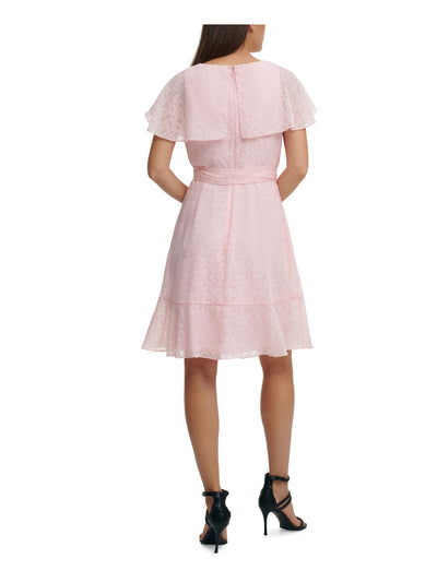 DKNY Womens Pink Ruffled Belted Printed Flutter Sleeve Surplice Neckline Above The Knee Party Faux Wrap Dress 2