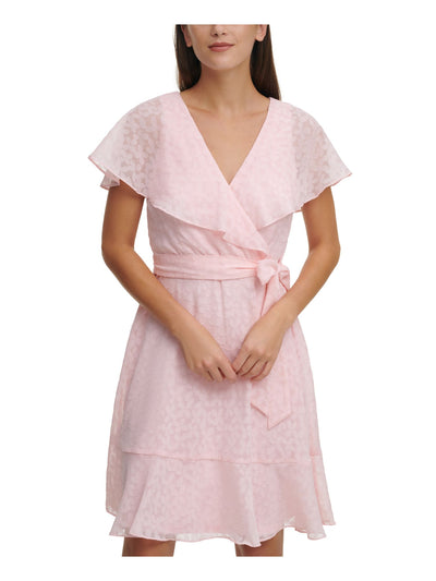 DKNY Womens Pink Ruffled Belted Printed Flutter Sleeve Surplice Neckline Above The Knee Party Faux Wrap Dress 2