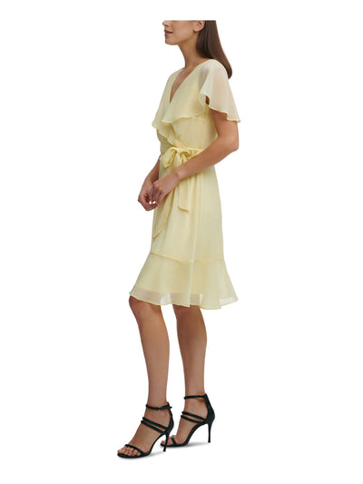 DKNY Womens Yellow Zippered Flounce Sleeves Flutter Sleeve V Neck Knee Length Party Fit + Flare Dress 6