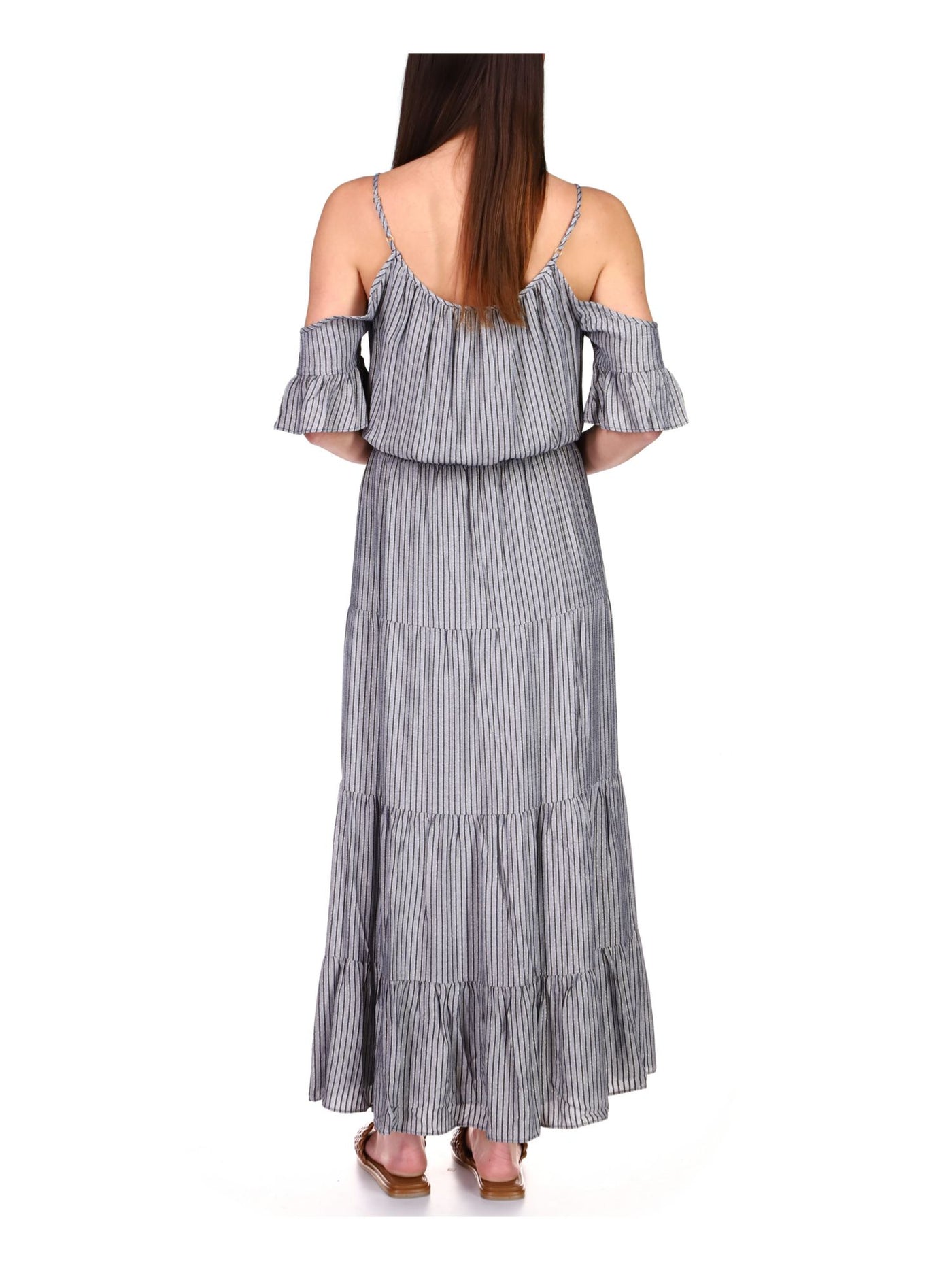 MICHAEL KORS Womens Blue Striped Elbow Maxi Fit + Flare Dress Size: L