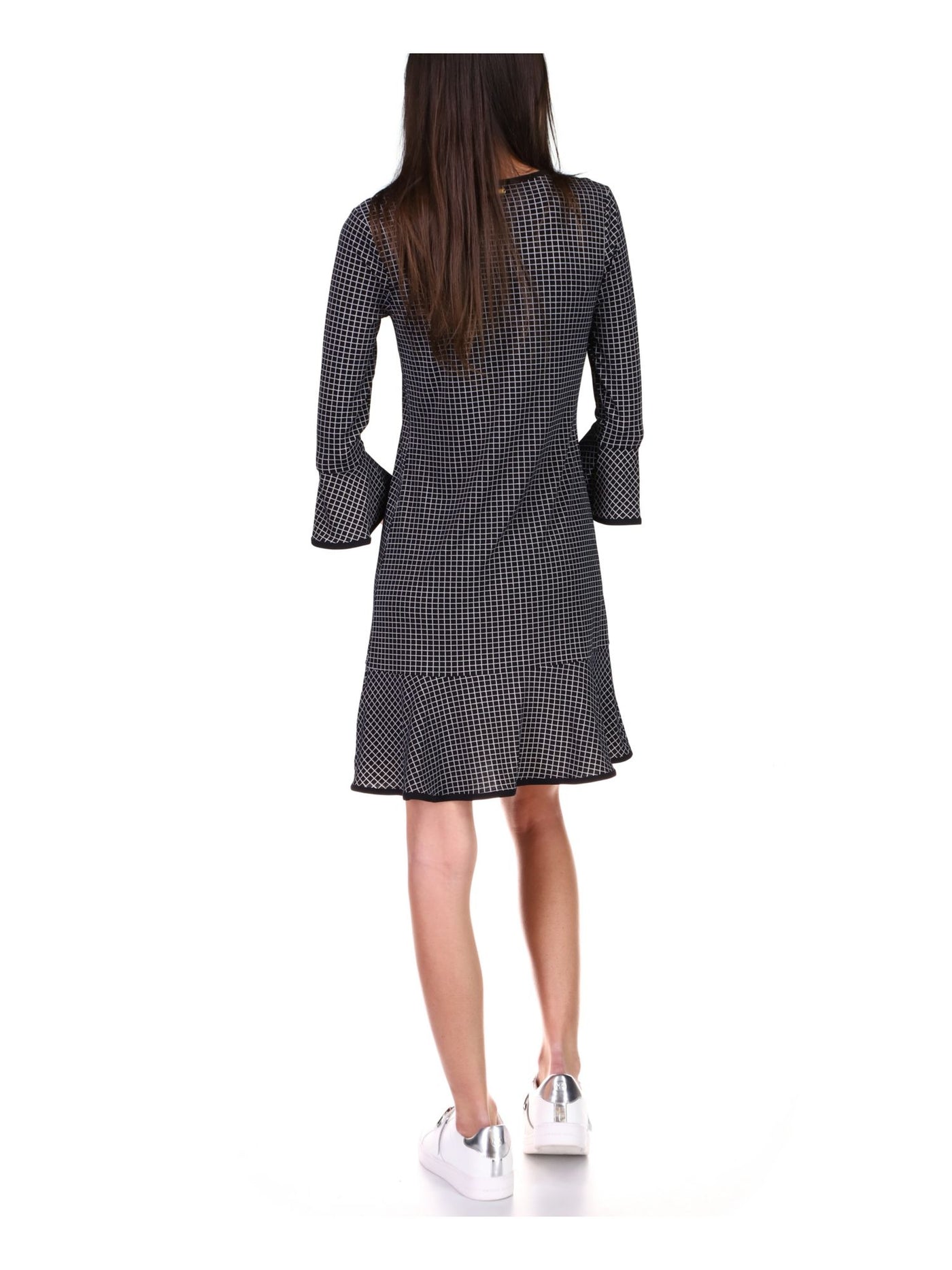 MICHAEL KORS Womens Black Printed 3/4 Sleeve Scoop Neck Above The Knee Shift Dress Petites PS