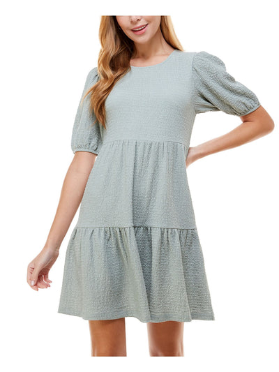 CRYSTAL DOLLS Womens Green Stretch Textured Tiered Skirt Pullover Styling Pouf Sleeve Jewel Neck Short Fit + Flare Dress L
