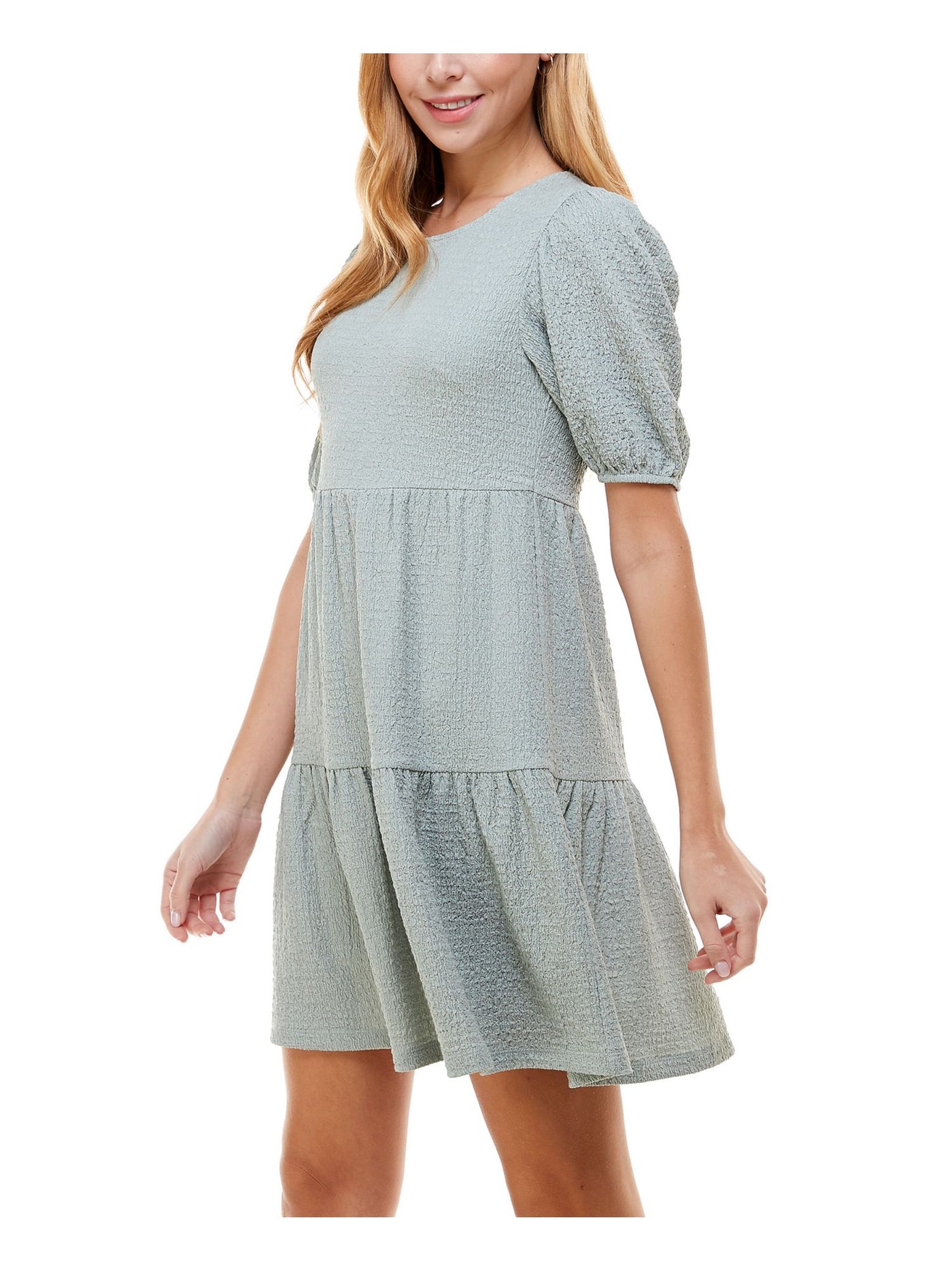 CRYSTAL DOLLS Womens Green Stretch Textured Tiered Skirt Pullover Styling Pouf Sleeve Jewel Neck Short Fit + Flare Dress L