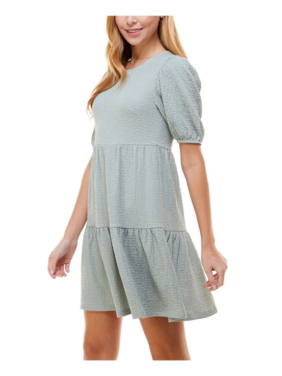 CRYSTAL DOLLS Womens Green Stretch Textured Tiered Skirt Pullover Styling Pouf Sleeve Jewel Neck Short Fit + Flare Dress L