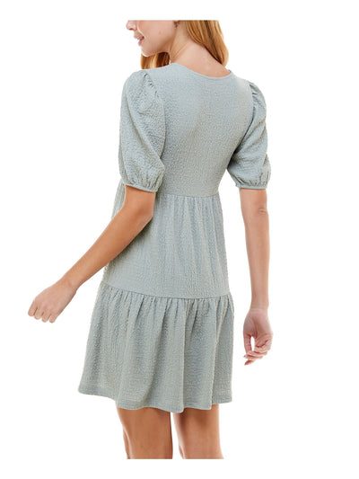 CRYSTAL DOLLS Womens Green Stretch Textured Tiered Skirt Pullover Styling Pouf Sleeve Jewel Neck Short Fit + Flare Dress L
