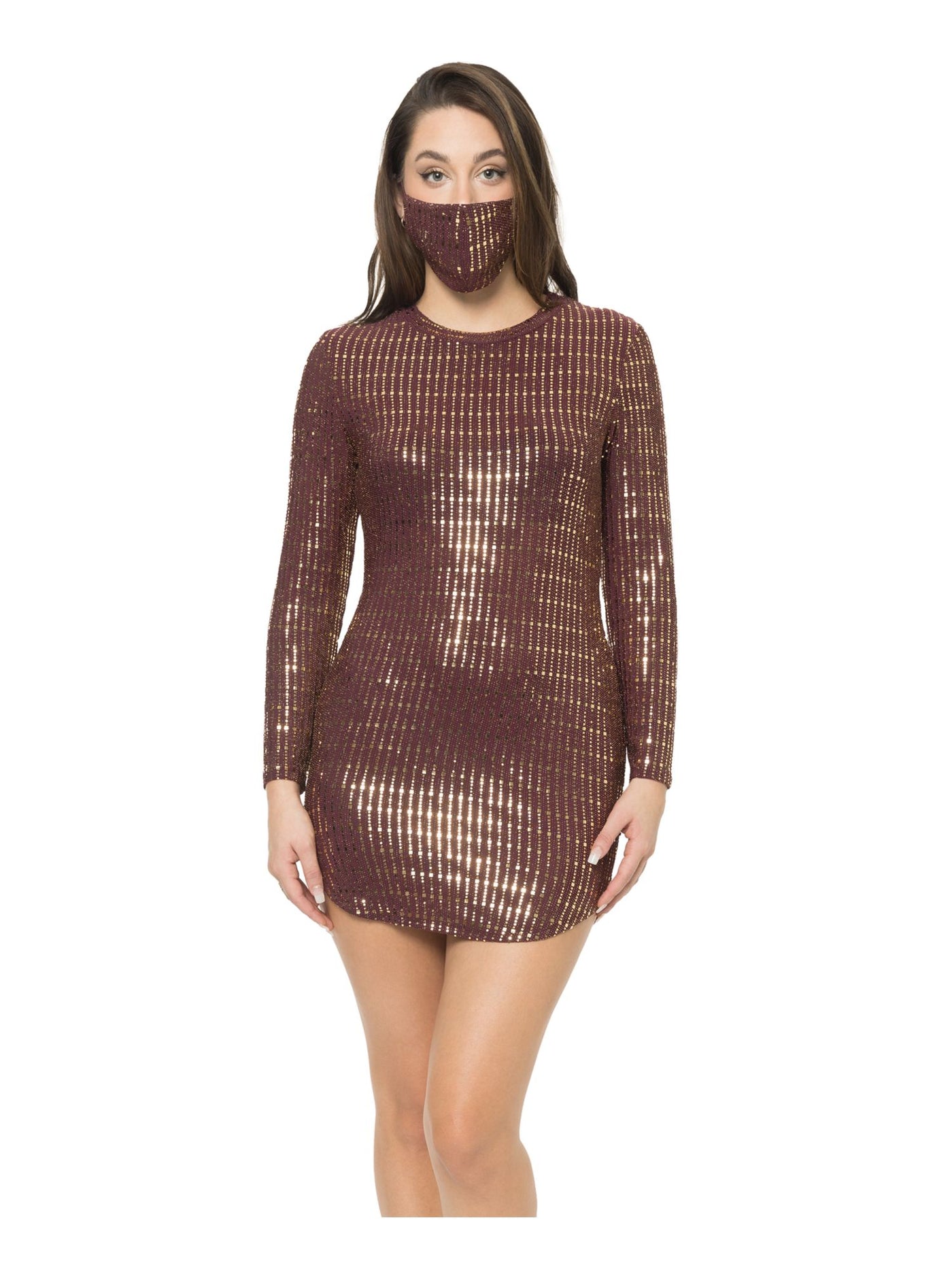 B DARLIN Womens Burgundy Sequined With Mask Long Sleeve Crew Neck Micro Mini Party Body Con Dress Juniors S