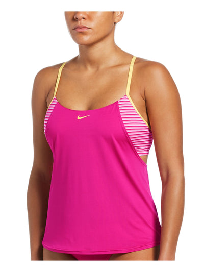 NIKE Women's Pink Striped Stretch Scoop Neck Racerback Layered Tankini Swimsuit Top XS