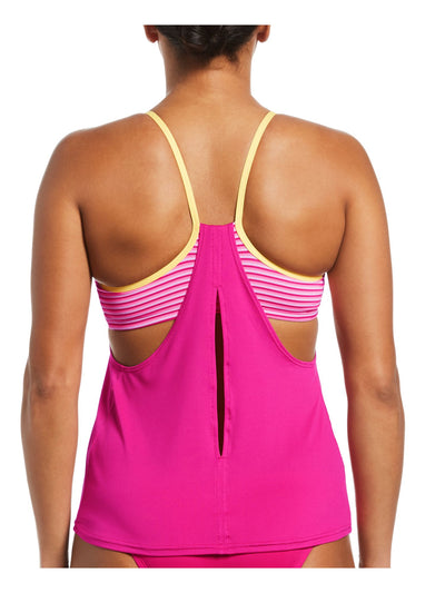 NIKE Women's Pink Striped Stretch Scoop Neck Racerback Layered Tankini Swimsuit Top XS
