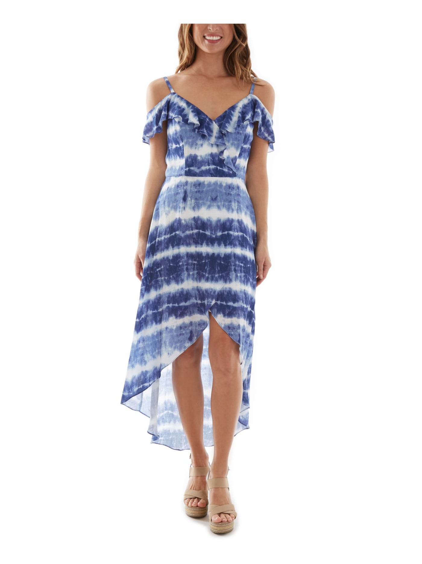 BCX DRESS Womens Blue Ruffled High-low Hemline, Cold-shoulder Tie Dye Surplice Neckline Maxi Fit + Flare Dress S