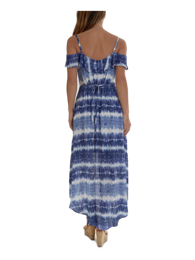 BCX DRESS Womens Blue Ruffled High-low Hemline, Cold-shoulder Tie Dye Surplice Neckline Maxi Fit + Flare Dress S