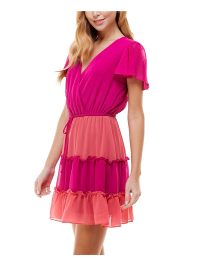 CITY STUDIO Womens Pink Short Sleeve V Neck Short Fit + Flare Dress Juniors XXS