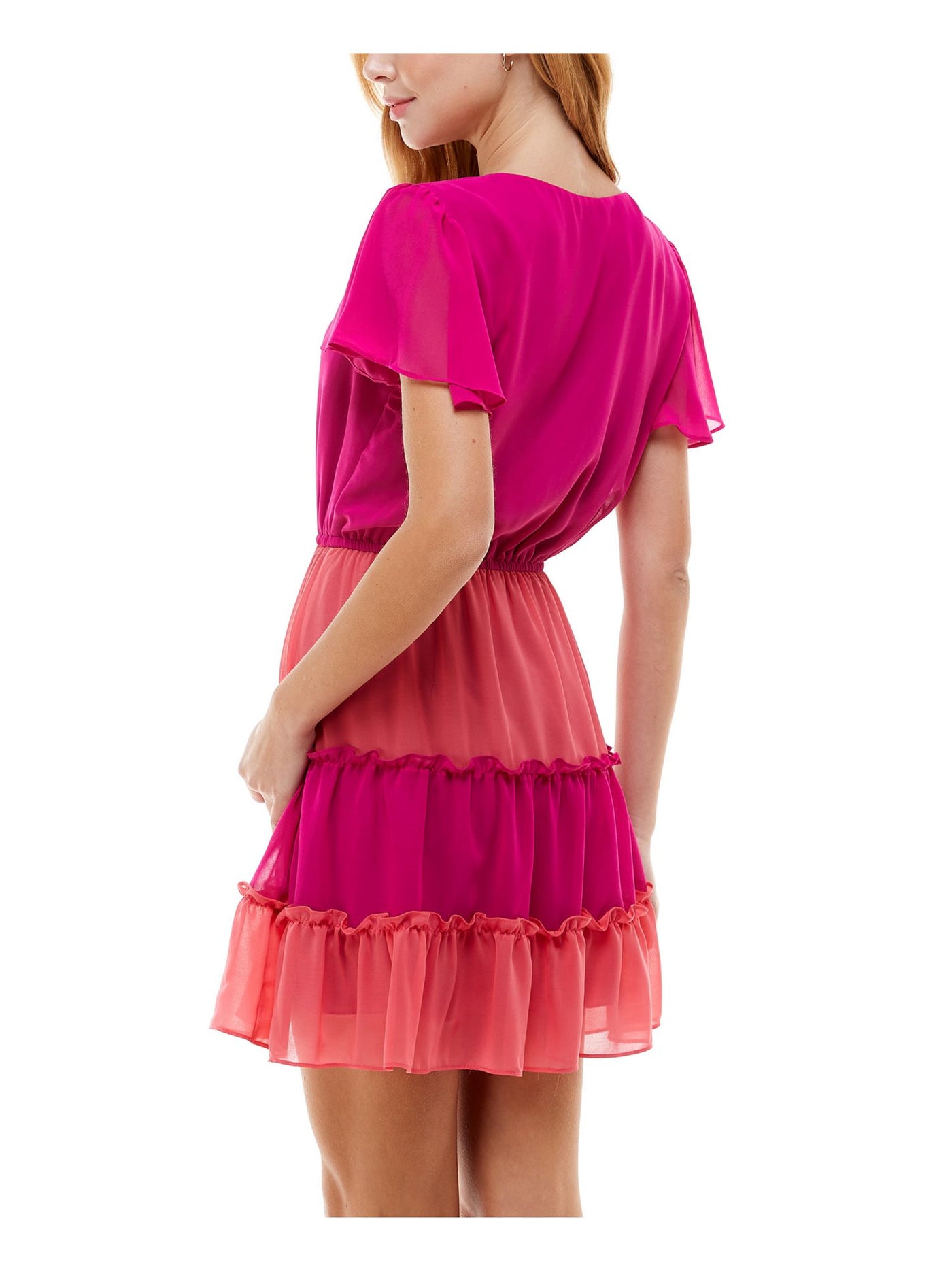 CITY STUDIO Womens Pink Short Sleeve V Neck Short Fit + Flare Dress Juniors XXS