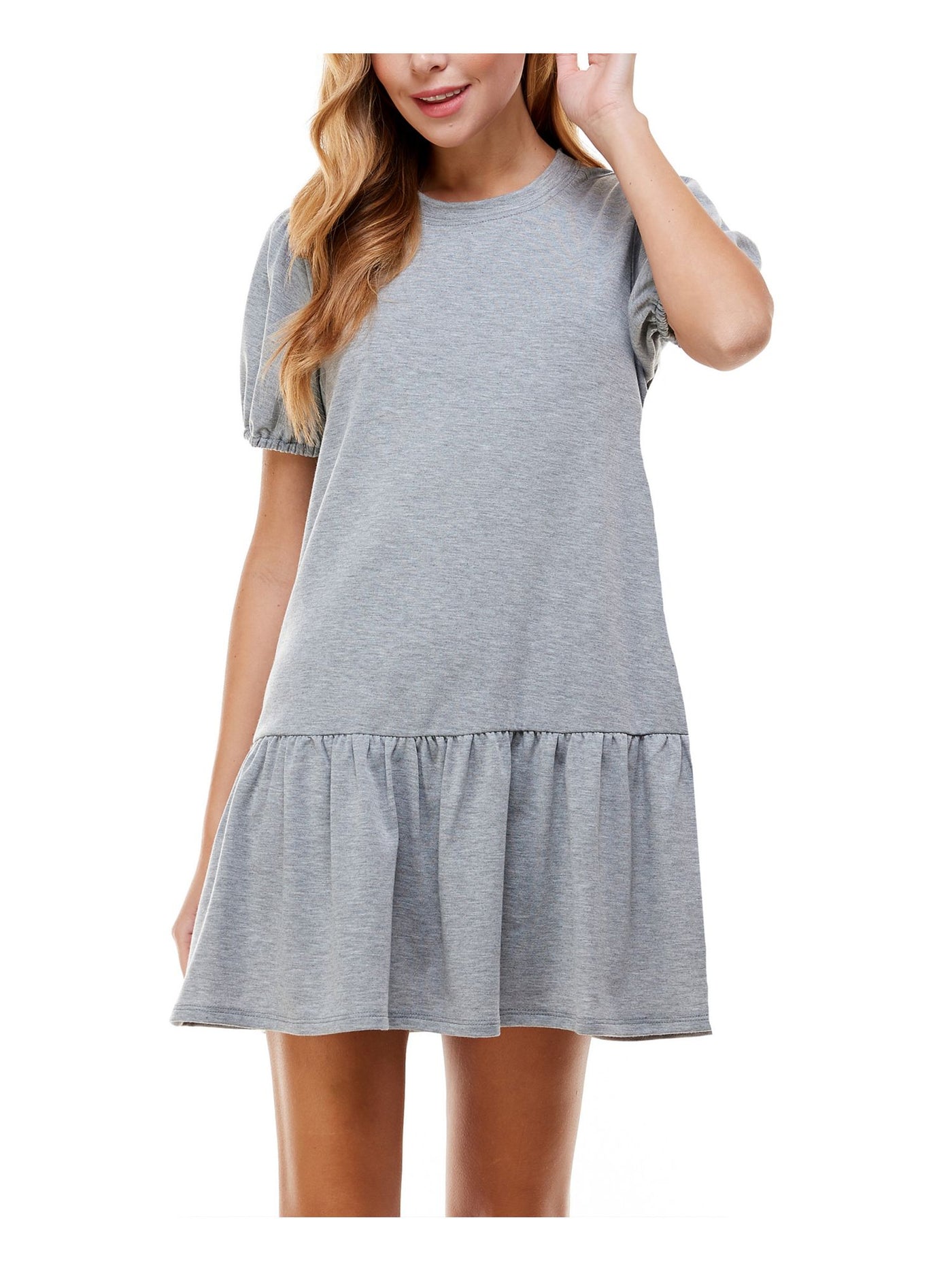 KINGSTON GREY Womens Gray Ruffled Short Sleeve Round Short Drop Waist Dress S