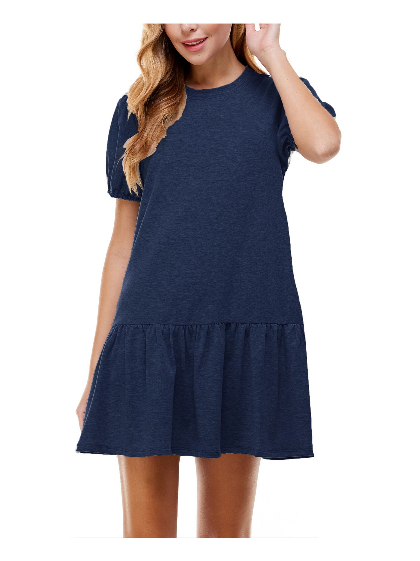 KINGSTON GREY Womens Navy Stretch Ruffled Elastic Cuffs Pouf Sleeve Round Neck Short Party Drop Waist Dress XXS