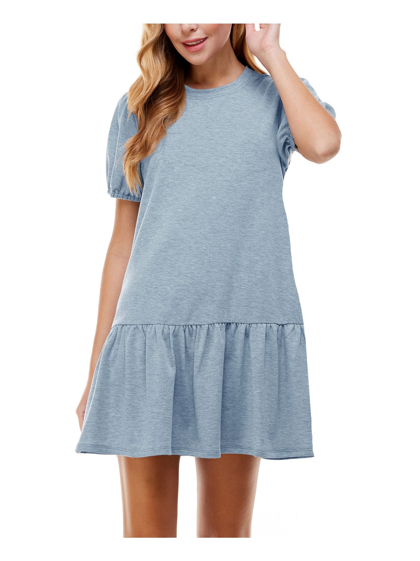 KINGSTON GREY Womens Light Blue Ruffled Short Sleeve Round Neck Short Drop Waist Dress XXS