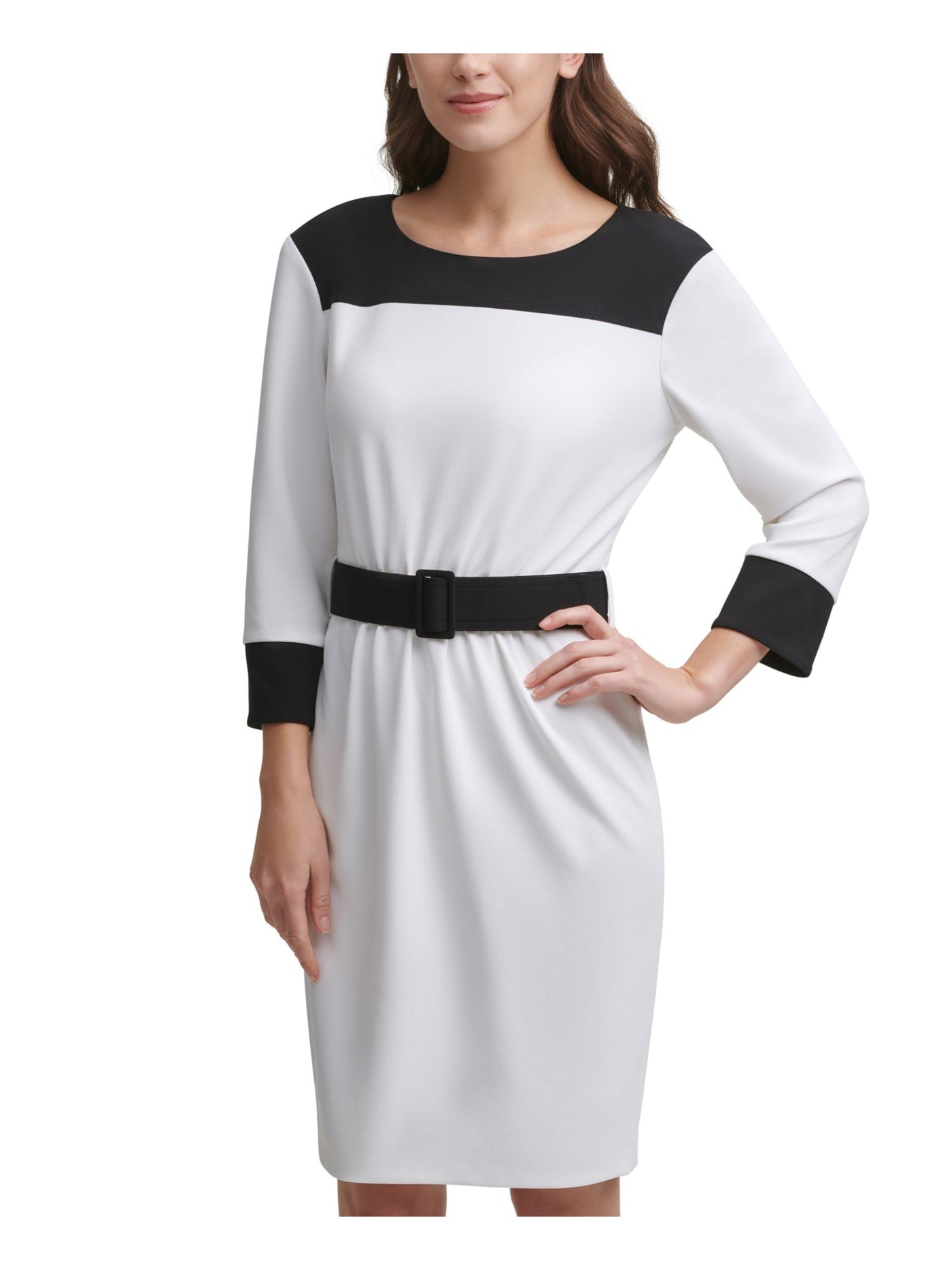 CALVIN KLEIN Womens White Zippered Color Block 3/4 Sleeve Round Neck Above The Knee Wear To Work Sheath Dress 14