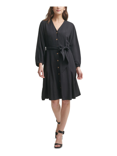 CALVIN KLEIN Womens Black Stretch Long Sleeve V Neck Knee Length A-Line Dress 4