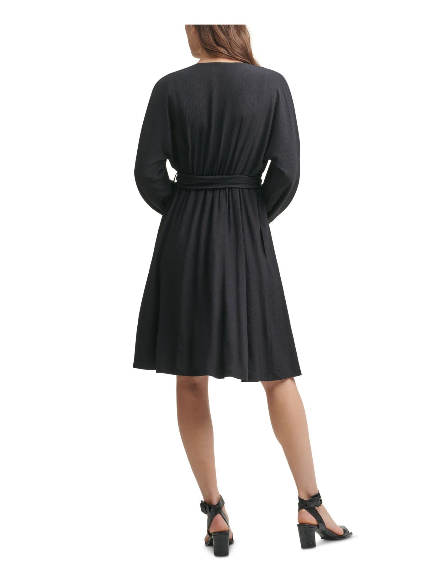 CALVIN KLEIN Womens Black Stretch Long Sleeve V Neck Knee Length A-Line Dress 6