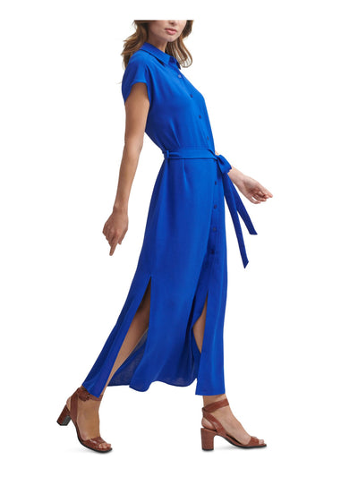 CALVIN KLEIN Womens Blue Slitted Self Tie Belt Sleeveless Point Collar Maxi Wear To Work Shirt Dress 4