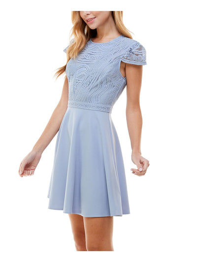 CITY STUDIO Womens Light Blue Cotton Blend Lace Zippered Cap Sleeve Crew Neck Short Fit + Flare Dress 5