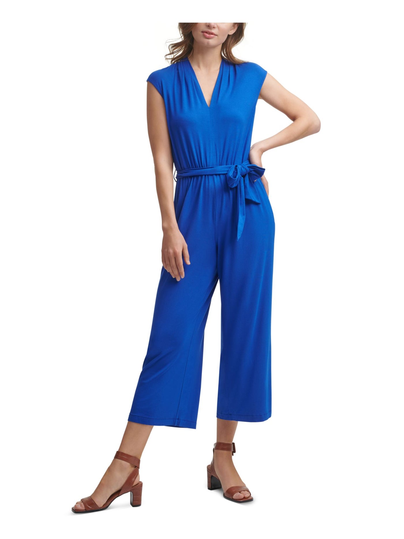 CALVIN KLEIN Womens Blue Stretch Zippered Pocketed Cropped Jersey-knit Cap Sleeve V Neck Wide Leg Jumpsuit 14