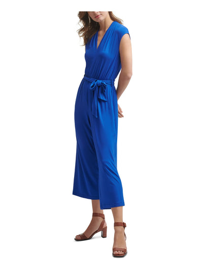CALVIN KLEIN Womens Blue Stretch Zippered Pocketed Cropped Jersey-knit Cap Sleeve V Neck Wide Leg Jumpsuit 14