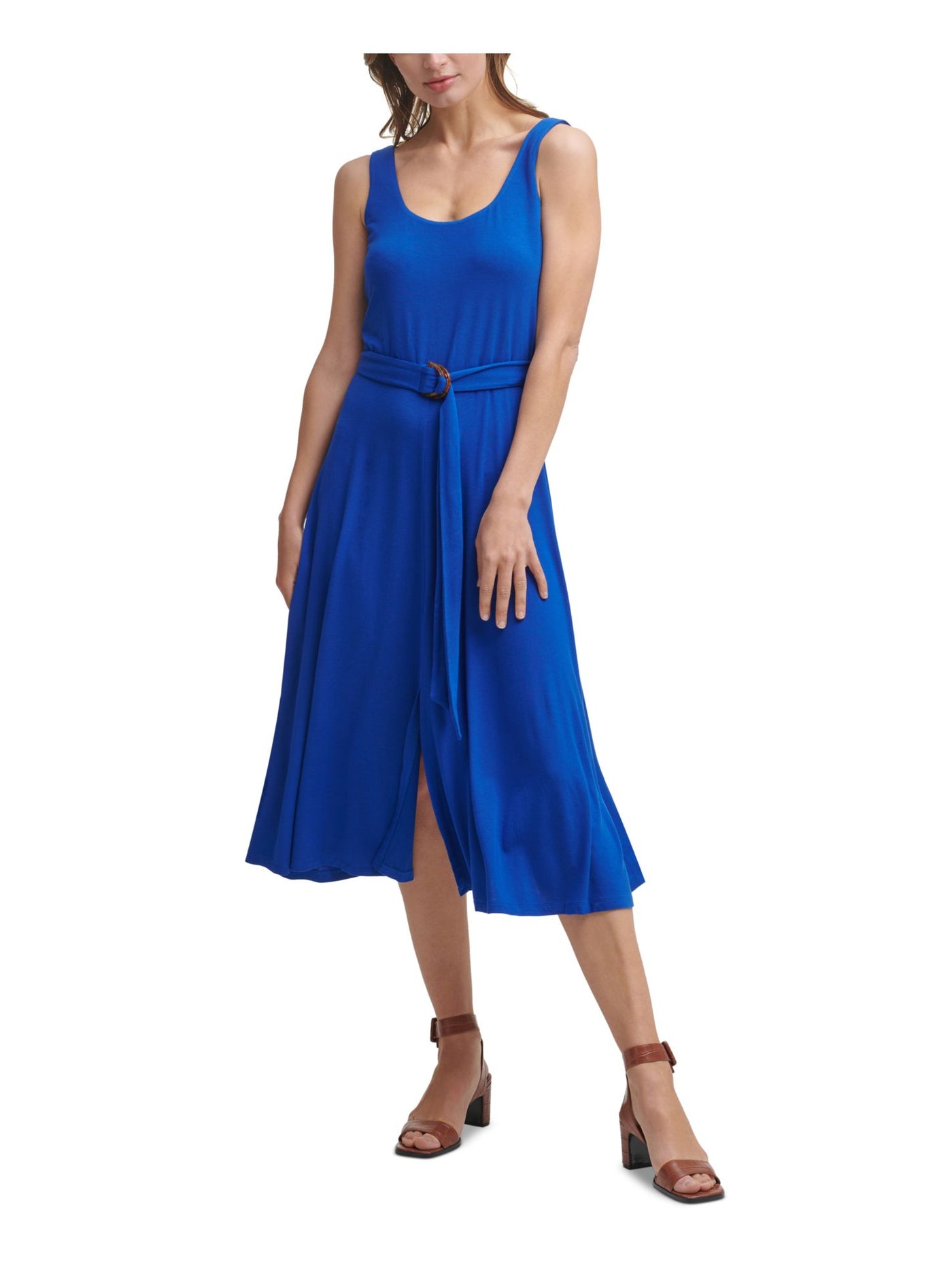 CALVIN KLEIN Womens Blue Jersey Belted Slitted Sleeveless Scoop Neck Midi Fit + Flare Dress 10