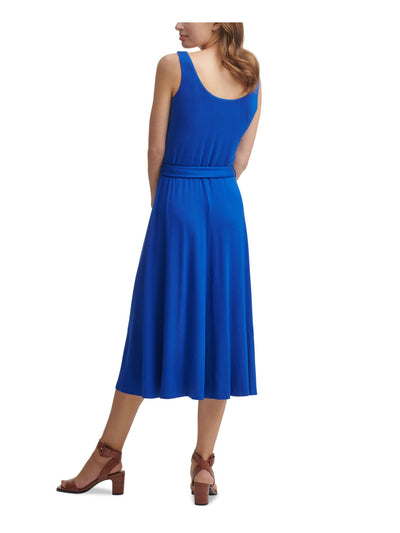 CALVIN KLEIN Womens Blue Jersey Belted Slitted Sleeveless Scoop Neck Midi Fit + Flare Dress 10