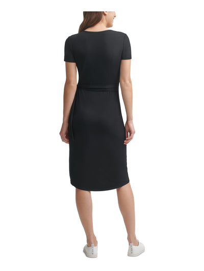 CALVIN KLEIN Womens Black Stretch Gathered Short Sleeve Round Neck Knee Length Party Sheath Dress 6