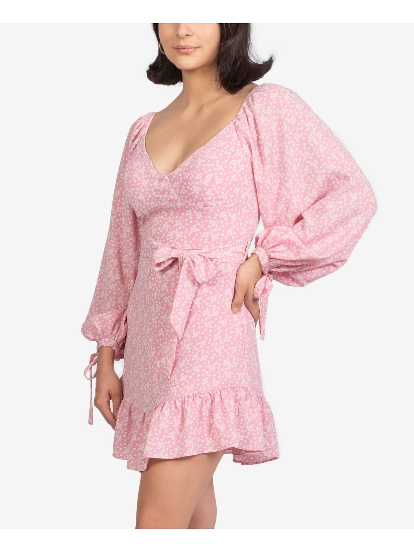 B DARLIN Womens Pink Ruffled Floral Balloon Sleeve V Neck Mini Sheath Dress Juniors 11\12
