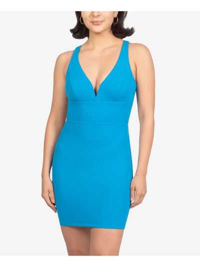 B DARLIN Womens Blue Zippered Seamed Scuba Sleeveless Sweetheart Neckline Mini Evening Sheath Dress 3\4