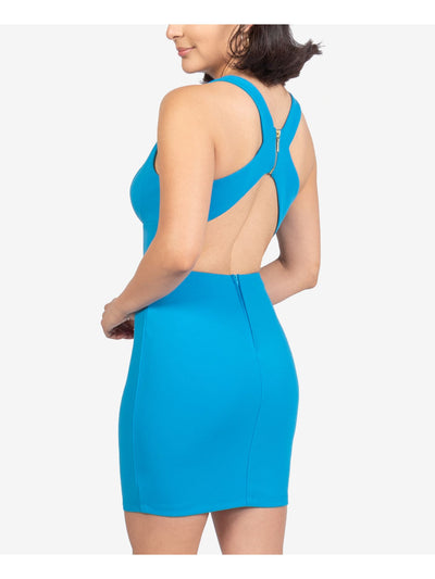 B DARLIN Womens Blue Zippered Crisscross Back Sleeveless Sweetheart Neckline Mini Evening Sheath Dress 13\14