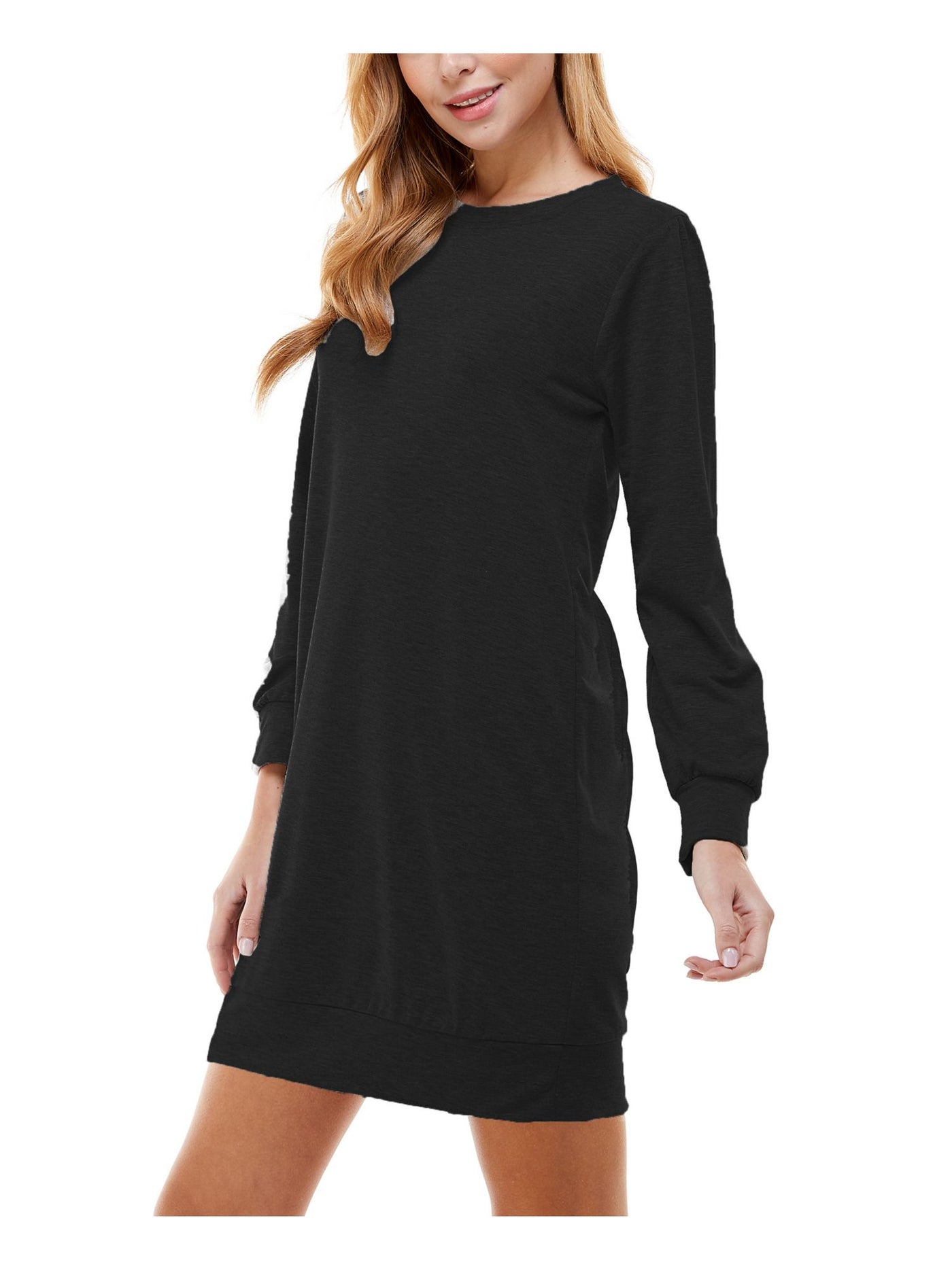 KINGSTON GREY Womens Black Long Sleeve Crew Neck Mini Shirt Dress Juniors M