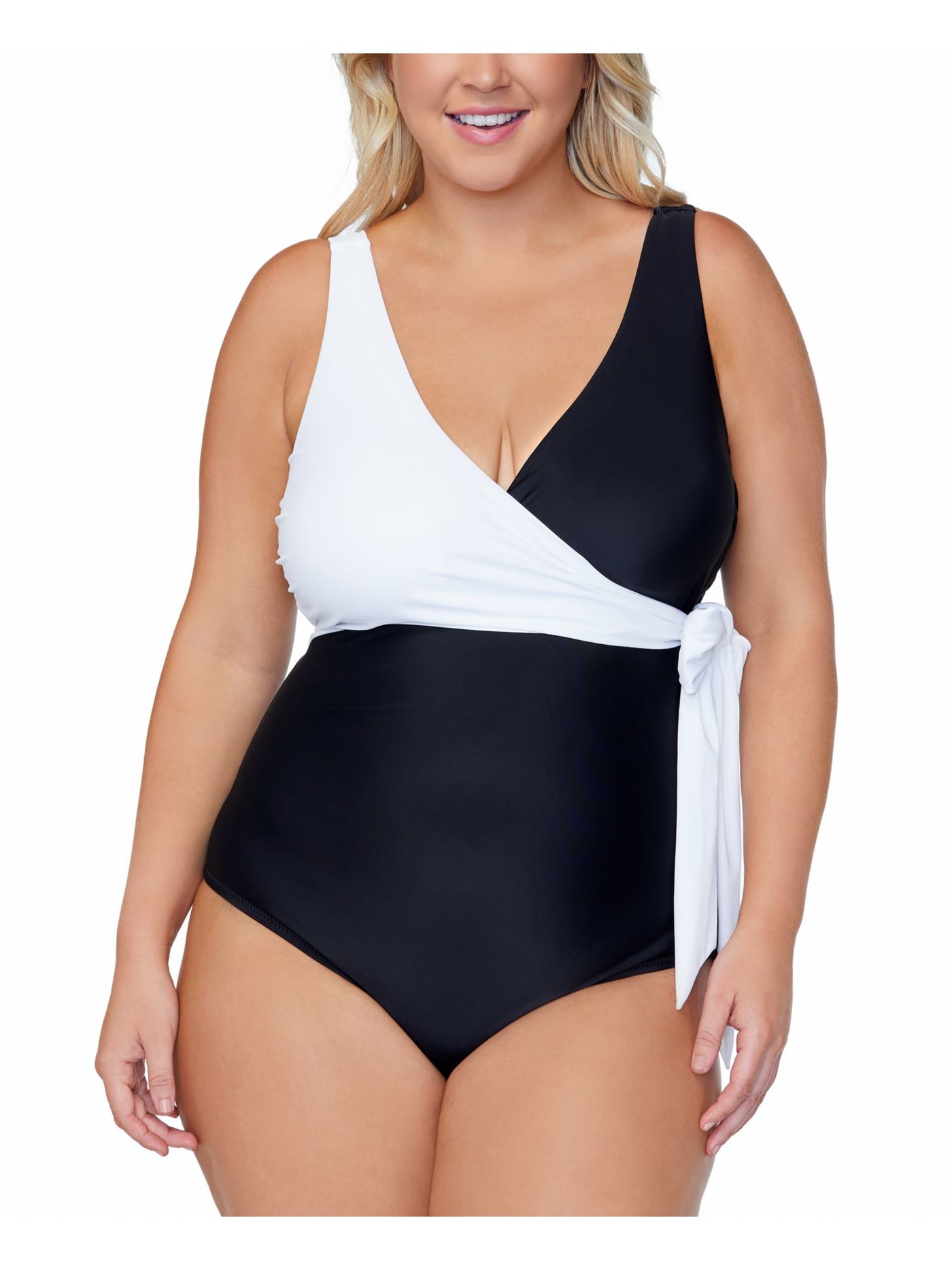 RAISINS CURVE Women's Black Color Block Lined Stretch Faux-Wrap Side Tie Surplice One Piece Swimsuit 20W