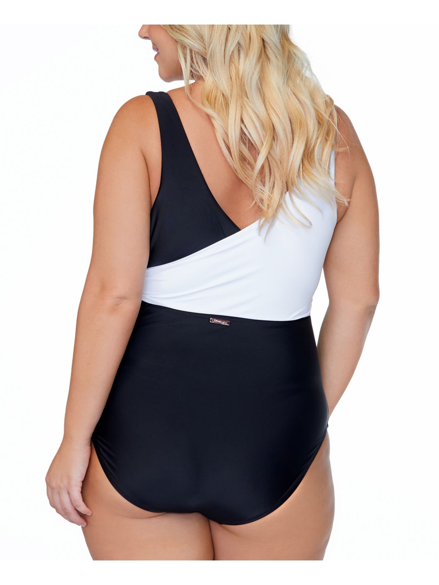 RAISINS CURVE Women's Black Color Block Lined Stretch Faux-Wrap Side Tie Surplice One Piece Swimsuit 20W