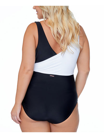 RAISINS CURVE Women's Black Color Block Lined Stretch Faux-Wrap Side Tie Surplice One Piece Swimsuit 20W