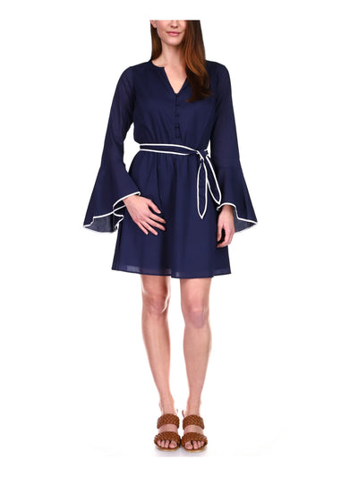 MICHAEL MICHAEL KORS Womens Navy Belted Bell Sleeve V Neck Above The Knee Cocktail Fit + Flare Dress Petites P\S