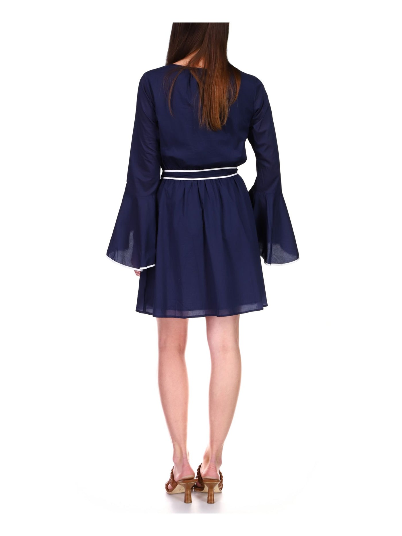 MICHAEL MICHAEL KORS Womens Navy Belted Bell Sleeve V Neck Above The Knee Cocktail Fit + Flare Dress Petites P\S